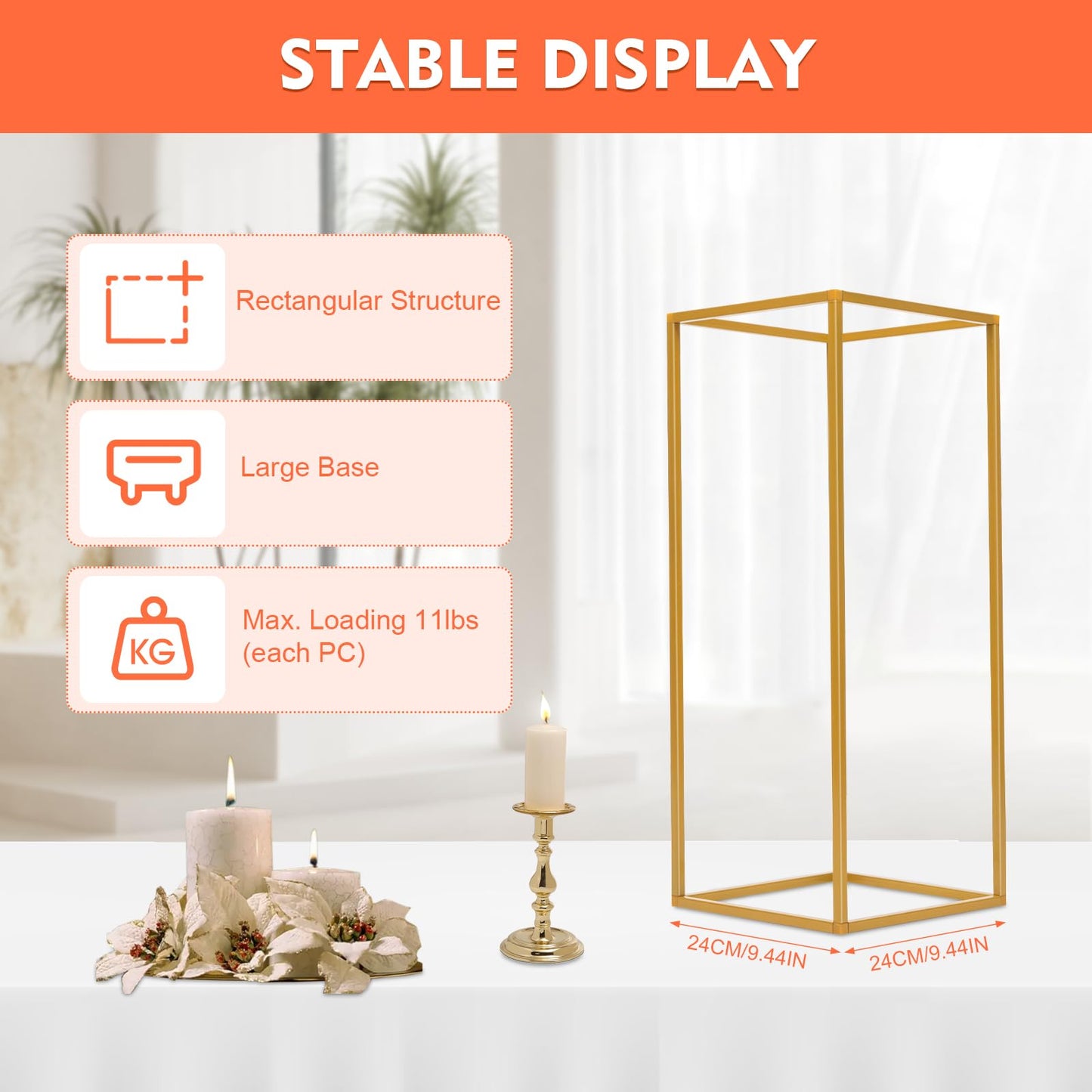 Kangten 10pcs Wedding Flower Stand Column - Geometric Metal Gold Centerpieces Vase for Tables - Rectangular Flower Display Rack for Valentine's Day Wedding Party Table Decoration Supply