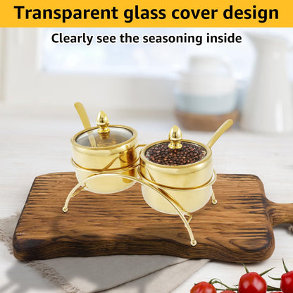 Luxury Gold Sugar Bowl Set with Spoons, 3-Piece Retro 304 Stainless Steel Seasoning Box for Coffee Bar Decor, Elegant Condiment Pots with Clear Glass Lid & Serving Tray for Salt, Candy, Cube Sugar
