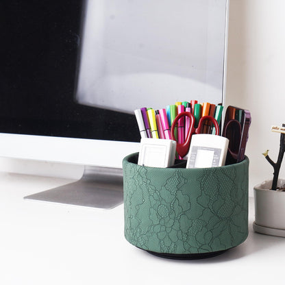 Lvkjafaz Round Leather Art Supply Organizer,Remote Control Holder,360 Degree Spinning,Multi-Functional Pencil Holder,4 Compartments Desktop Stationary Organizer(1-Lace Flower Green2)