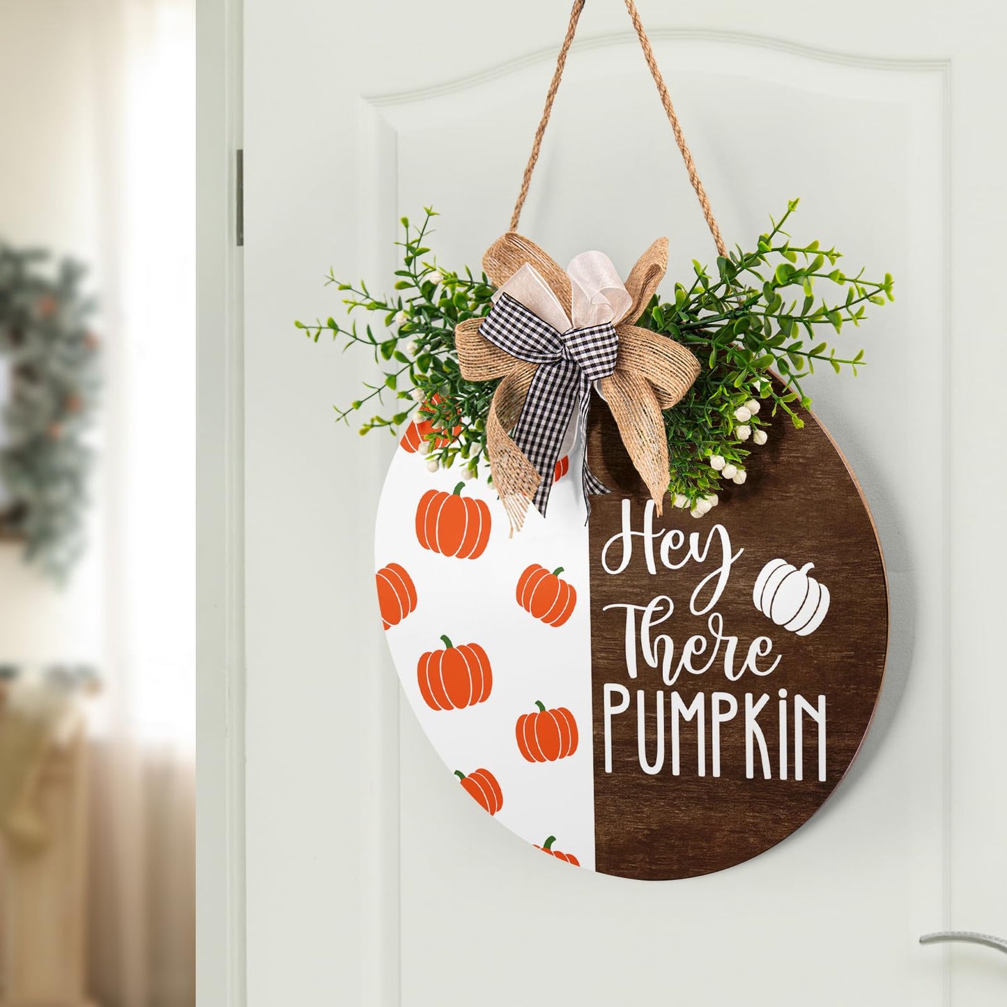Hey There Pumpkin Front Door Sign 12"x12" Welcome Fall Door Hanger Autumn Thanksgiving Sign Farmhouse Fall Decorations Hanging Porch Sign Rustic Autumn Outdoor Plaques Wall Art Sign for Home
