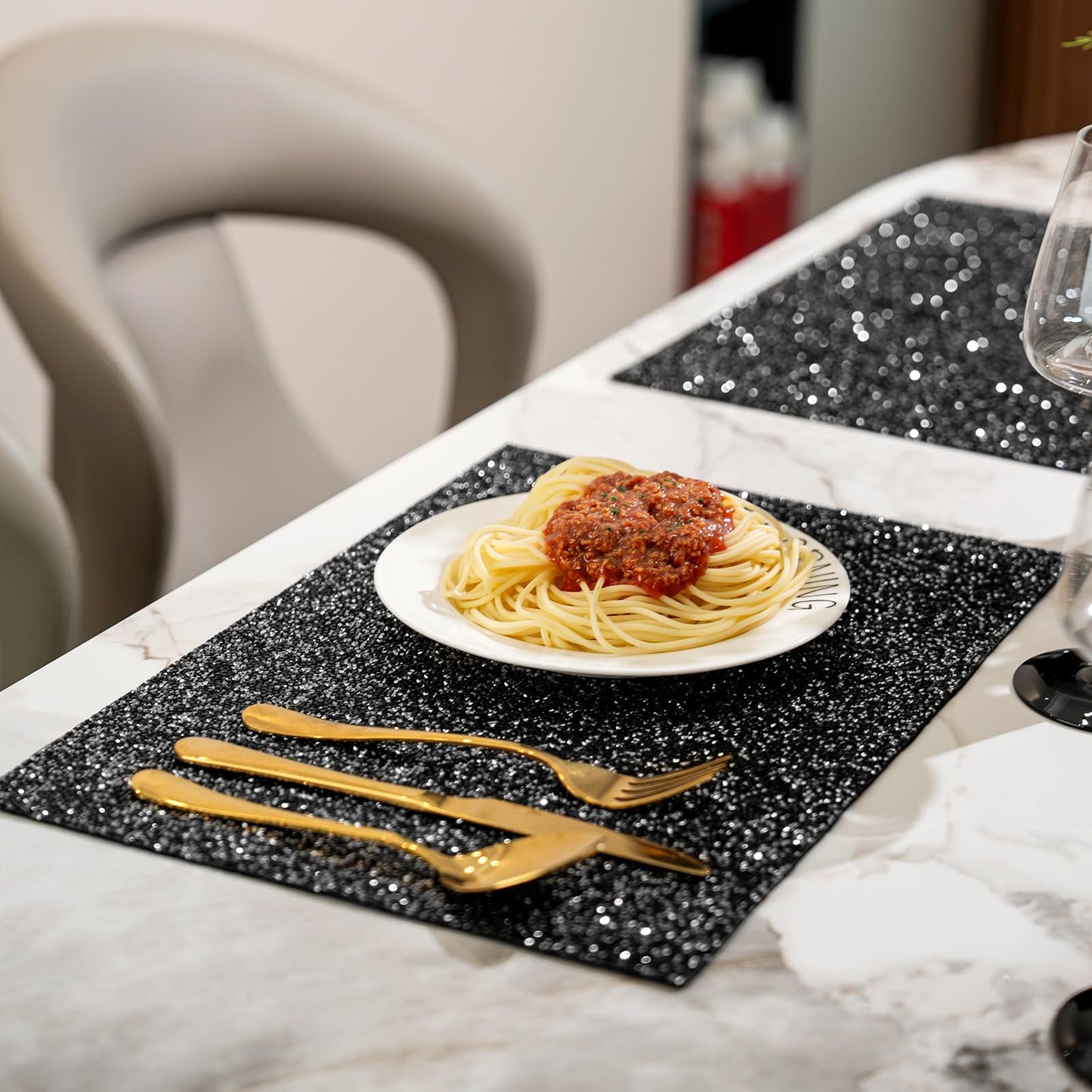 Cumouna Black Placemat, Sparkle Glitter Rhinestones Table Mat Crushed Diamond Rectangle Table Placemat 12 x 18 inch for Home Kitchen Dinning Christmas Thanksgiving Fall New Year Decorations
