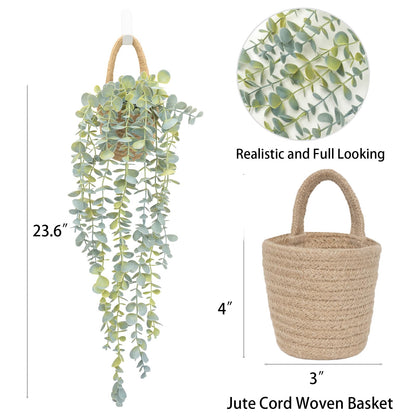 HOFMEFY Fake Hanging Plant Decor Indoor, Eucalyptus Artificial Faux Plants in Wall Woven Planters, Jute Hanger with Black Pot Soft Green 1PCS 23Inch Long