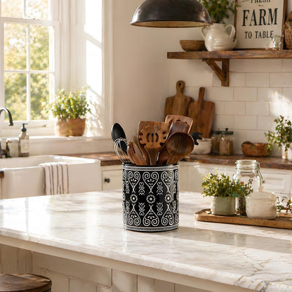 Delpnana Black Heavy Ceramic Utensil Holder, 7" Extra Large Kitchen Utensil Holder for Countertop, Cooking Ceramic Crock for Farmhouse Kitchen Decor