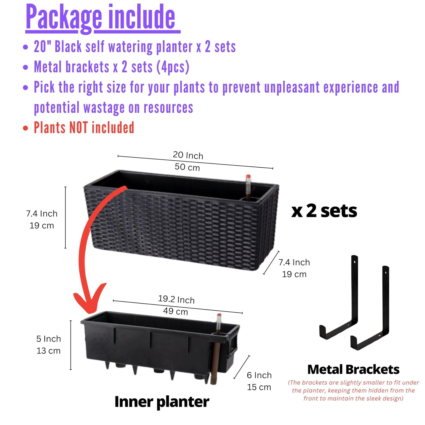 LaLaGreen Outdoor Wall Planters (20 Inch, 2 Pack) Wall Mounted Self Watering System Window Flower Boxes with Bracket, Black Rectangular Plant Pot Container Indoor Modern Garden Herb Kitchen Home Decor