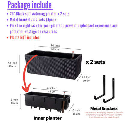 LaLaGreen Outdoor Wall Planters (20 Inch, 2 Pack) Wall Mounted Self Watering System Window Flower Boxes with Bracket, Black Rectangular Plant Pot Container Indoor Modern Garden Herb Kitchen Home Decor