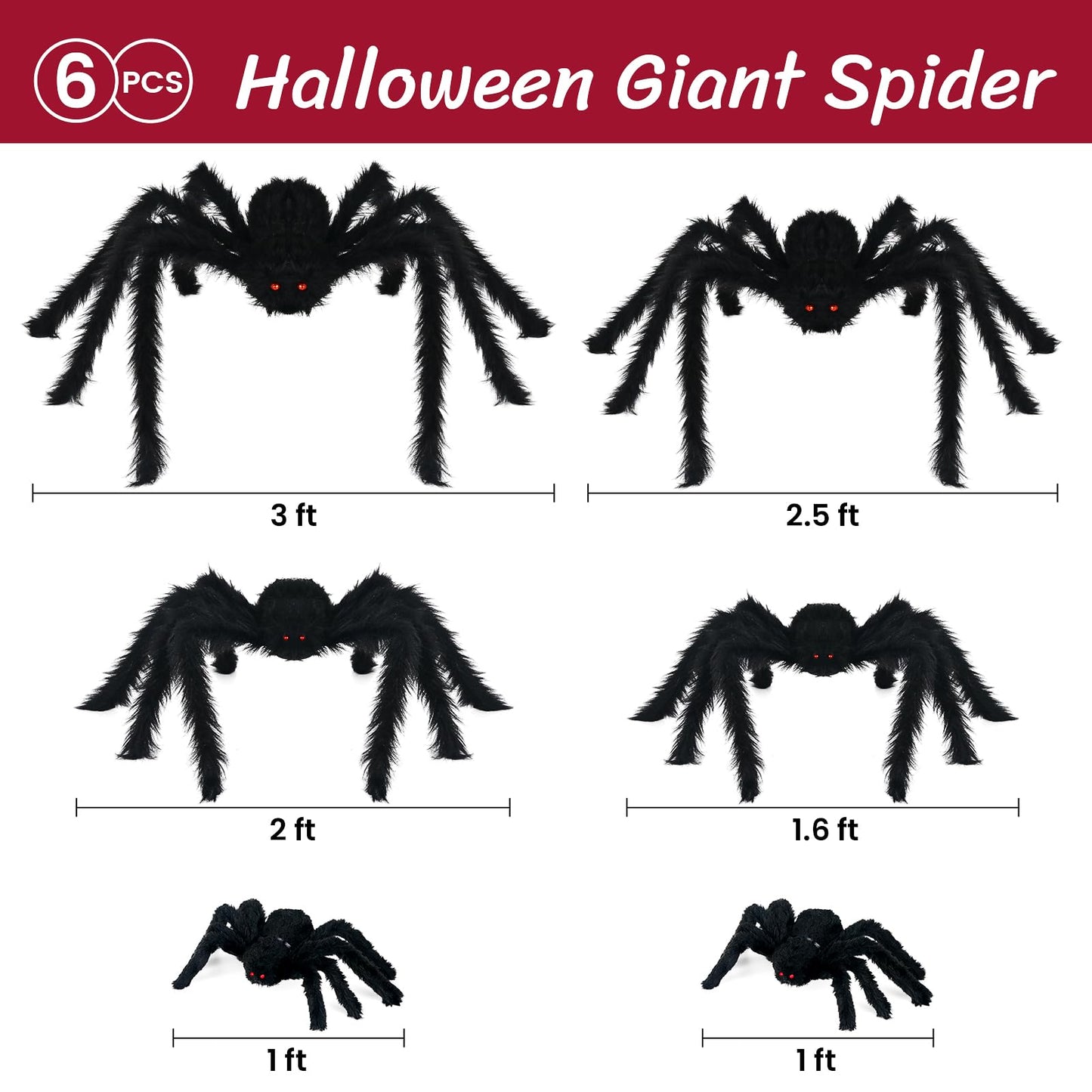 Nirohee Halloween Decorations Outdoor,6 Pack Giant Spider Halloween Party Decor Large Outside Decorations,Scary Spiders with Bendable Legs for Lawn,Yard,Spider Web,Wall,Window