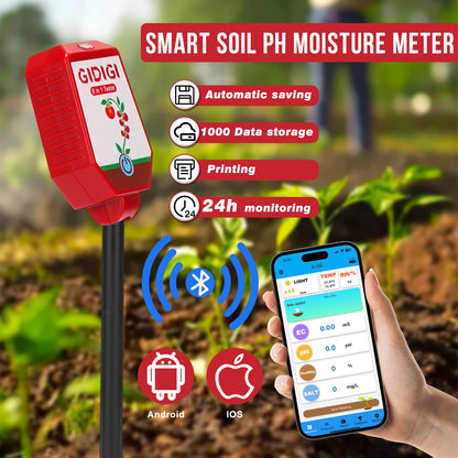Soil pH Meter Smart Soil Moisture Meter with App Control Digital Soil Test Kit for Plants pH Sunlight Intensity Fertility pH EC Salt Soil Thermometer Humidity Moisture Meter for Garden Lawn Farming