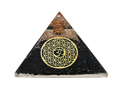 Amazing Gemstone Large Shungite Orgone Pyramid Crystal - OM with Flower of Life Orgonite Pyramid - Positive Energy Healing