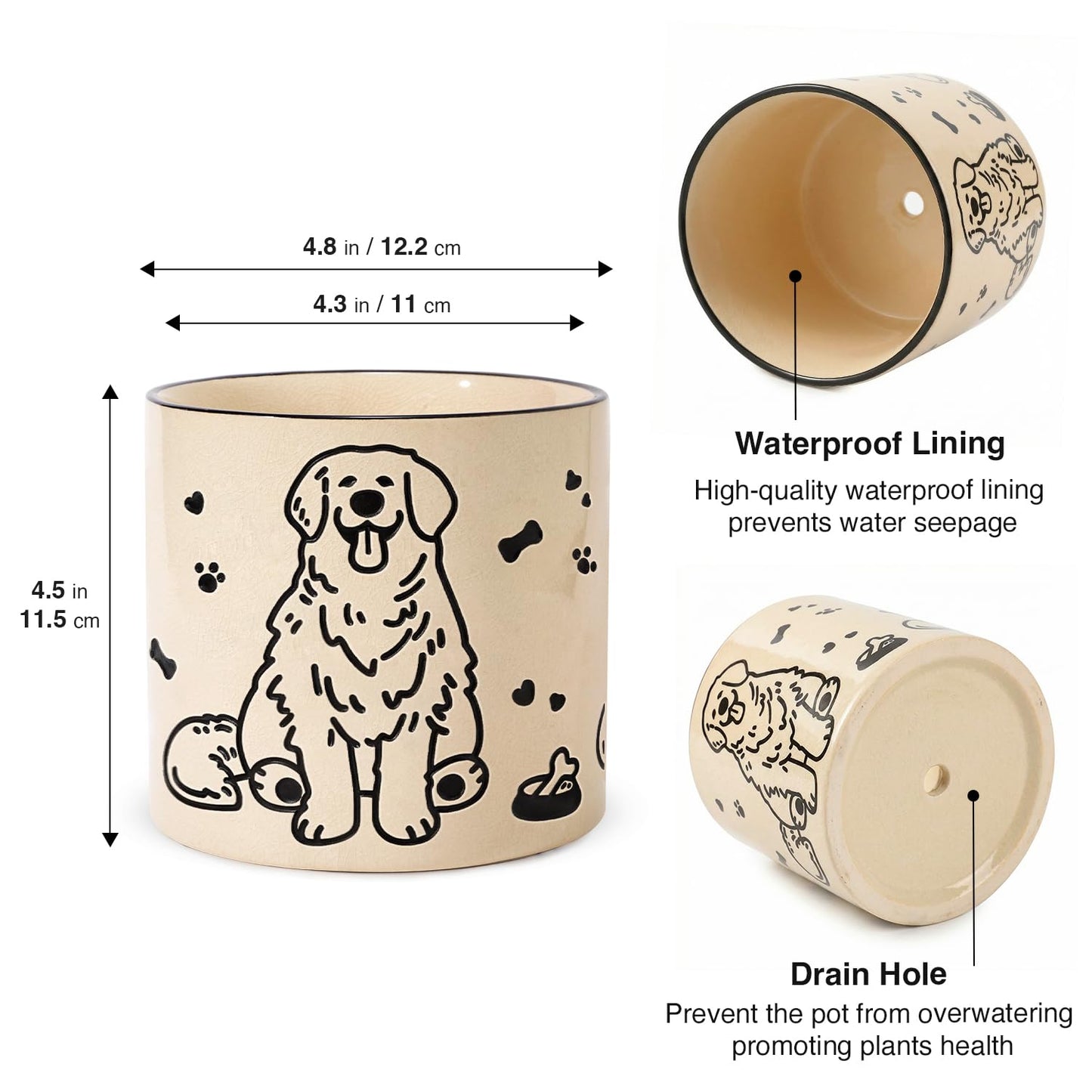 STHIE Ceramic Flower Pots with Drainage Holes, 5 inch Ceramic pots for Plants, Cute Round Flower Planters for Snake Plant, Hand-Painted Garden Pots (Sitting Dog)