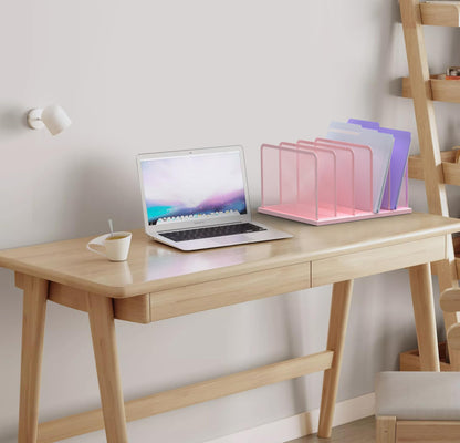 Kuntine.B Desk File Organizer Upright Mesh Desktop Organizer File Sorter Office Organization File Holder for Home, Office & Classroom (Pink, 1 Pack 5-Section)