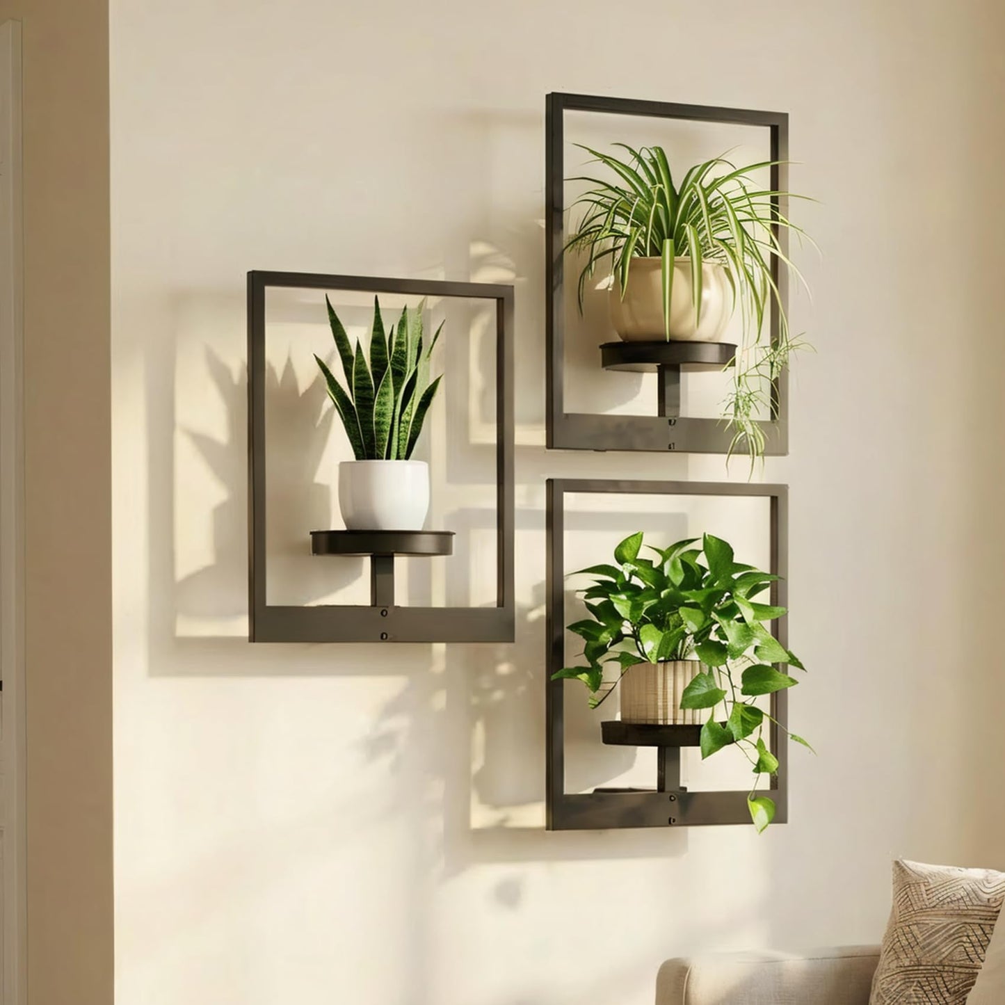 bbteroiu Picture Frame Wall Planters Set of 3, Modern Metal Hanging Shelves for Plants, Rustproof Wall Mount Flower Pot Holder for Indoor Outdoor, Decorative Plant Stand for Living Room Patio, Black