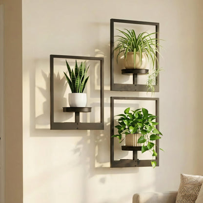 bbteroiu Picture Frame Wall Planters Set of 3, Modern Metal Hanging Shelves for Plants, Rustproof Wall Mount Flower Pot Holder for Indoor Outdoor, Decorative Plant Stand for Living Room Patio, Black