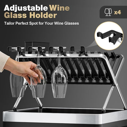 Dish Drying Rack, 2-Tier Stainless Steel Dish Rack with X-Frame and Drainage Spout, Large Collapsible Dish Drainer for Kitchen Counter, Dish Strainer with Utensil and Wine Glass Holder, Black