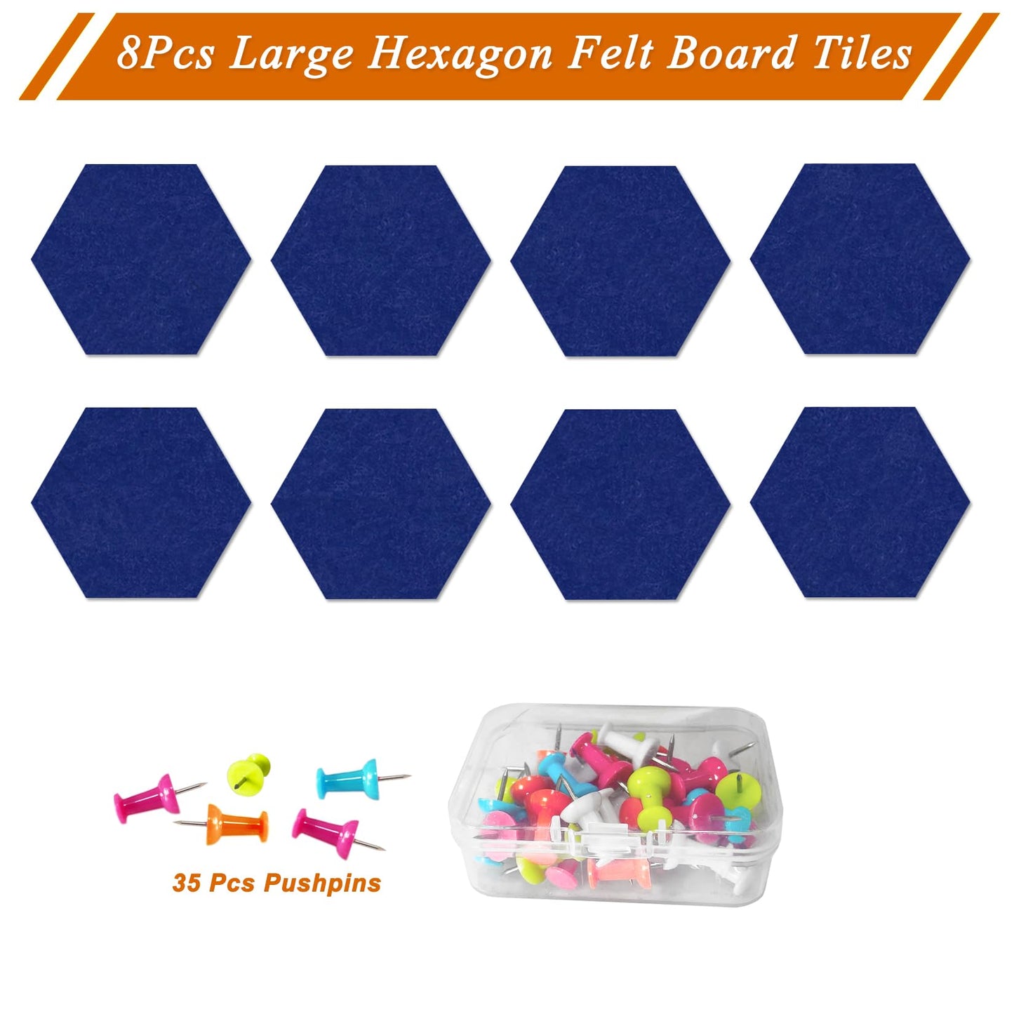 HULAVO Large Hexagon Felt Cork Board Tiles, Self Adhesive DIY Felt Bulletin Board Pin Board with 35 Pushpins for Office School Home Wall Decor Stickers Memos Photos Display(Dark Blue)