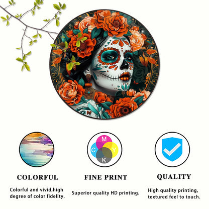 Classic Calavera Sugar Skull Round Aluminum Sign Halloween Autumn Wall Hanging Wall Art Decorative Signs & Plaques 8x8 Inch. Perfect for Bedroom, Living Room, Office, and Entryway Decor. Dreamy Artistic Style.