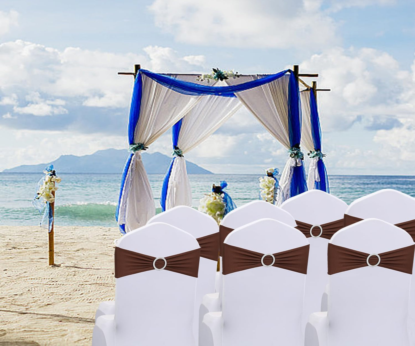 Tvoip 10PCS Chair Cover Stretch Band with Buckle Slider Sashes Bow Wedding Banquet Chair Decoration (Dark Brown)