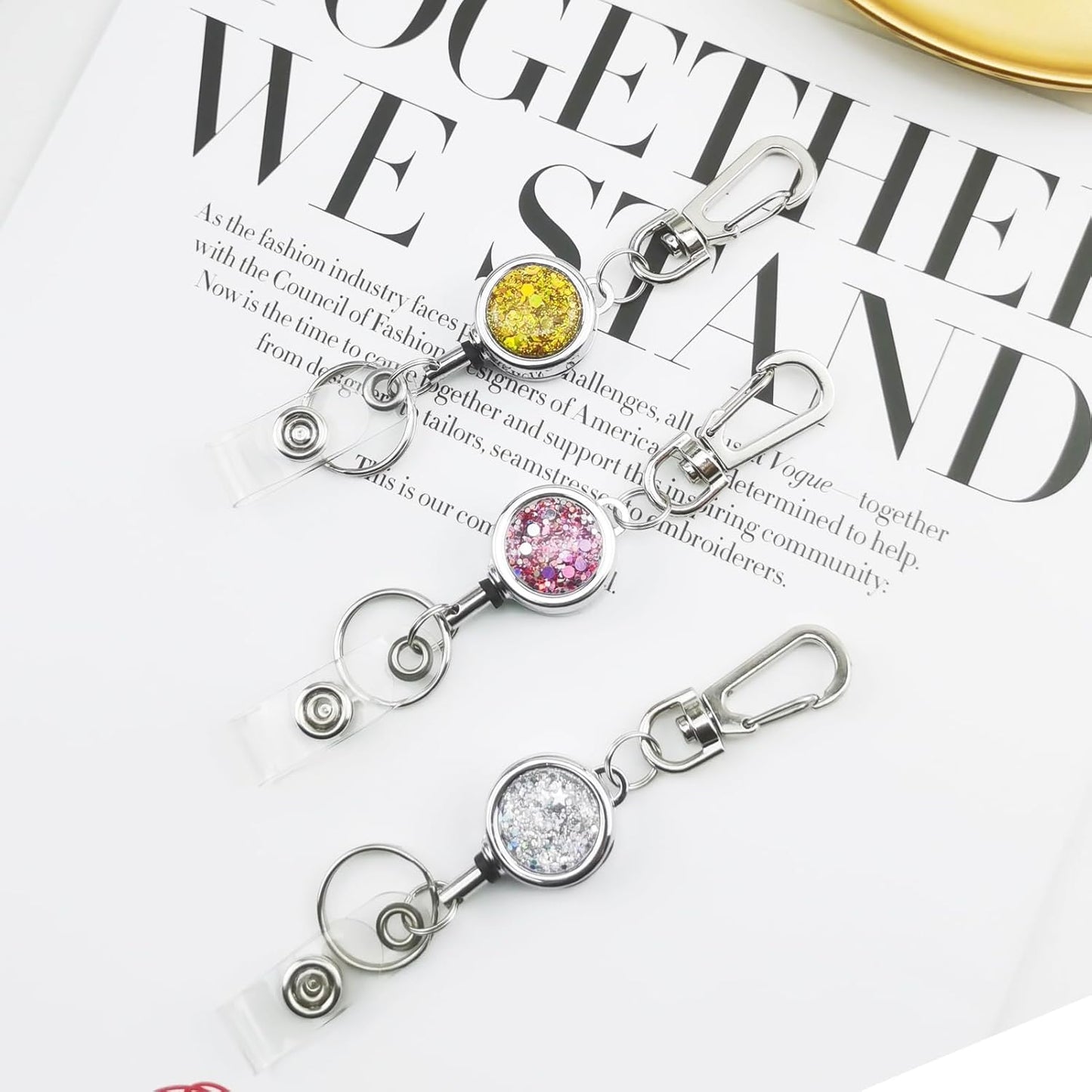 bolimoss Glittery Badge Holder Reel Retractable for Women Girls, Metal Badge Holder with Belt Clip Key Ring and Reinforced Steel Cord for ID Card Keychain (3 Pack Pink)