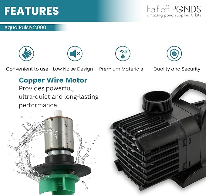 HALF OFF PONDS Submersible Water Pump, 2,000 GPH Pond Pump with 33FT Power Cord and 18FT Max Head, 156W Ultra Quiet Energy Efficient Pump for Koi Pond, Fountain, Waterfall, Water Garden, Skimmer