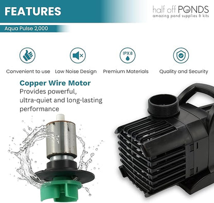 HALF OFF PONDS Submersible Water Pump, 2,000 GPH Pond Pump with 33FT Power Cord and 18FT Max Head, 156W Ultra Quiet Energy Efficient Pump for Koi Pond, Fountain, Waterfall, Water Garden, Skimmer