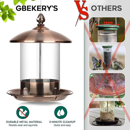 Gbekery Metal Bird Feeders for Outdoors Hanging, Weather Resistant Wild Bird Feeder with 360 Degree Feeding Tray, Copper