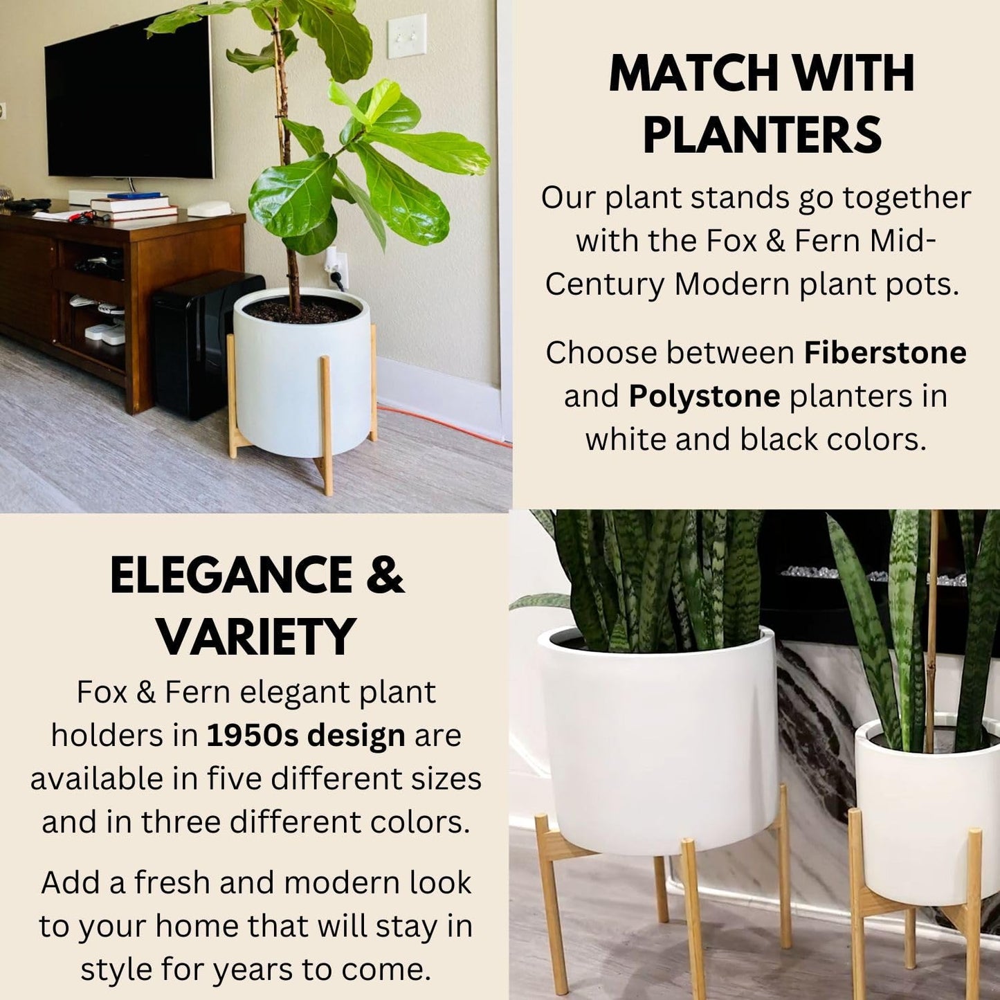 Fox & Fern Bamboo Plant Stand — 14.9 Inch Fixed Size Wooden Mid Century Planter Stand for Indoor Plants (Not Included) - Extra Large Flower Pot Holder for Indoor Big Pots - Plug In Design - Bamboo