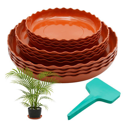 Aynaxcol 12 Pack White Plant Trays 3 Sizes Plastic Round Wave Plant Saucer Flower Plant Pot Saucer Terracotta Drip Trays for Indoor Outdoor Flower Pots and Planters, with 20pcs Green Plant Labels