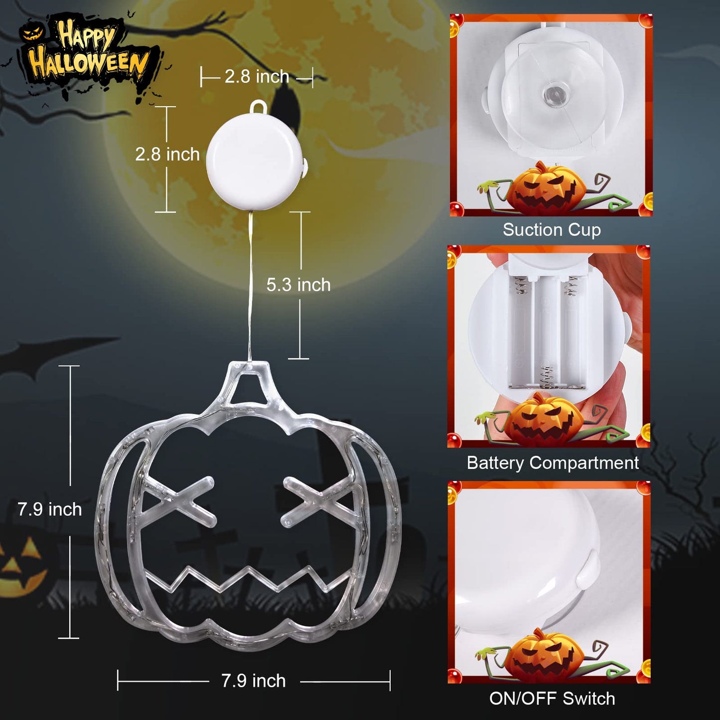 LOLStar Halloween LED Lights Decorations 2025 Orange Pumpkin White Ghost Purple Bat Window Display with Suction Cups, Battery Operated Window Decor Slow Fade Mode and Timer 3-Pack