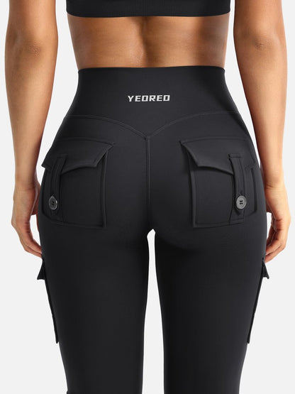 YEOREO CoreFlex Women Workout Flare Leggings with Pockets Hidden Scrunch Cargo Gym Yoga No Front Seam Leggings Black XS