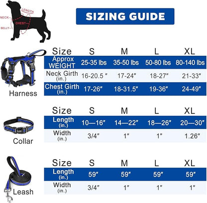 WINSEE Pet Harness Collar and Leash Set, All-in-one Reflective Dog Harness No Pull with Adjustable Buckles for Puppies, Small, Medium, Large, and Extra-Large Dogs (Medium, Dark Blue)
