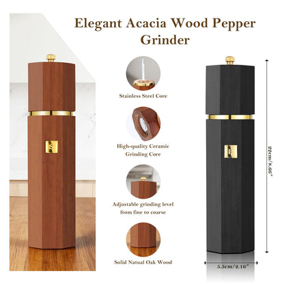 Fewuto Solid Wooden Salt and Pepper Grinder Set - Adjustable Ceramic Grinder Refillable Manual Mill Natural Wood Finish, 8 Inch Kitchen Dining Table Essential Birthday Gift 2 Pack