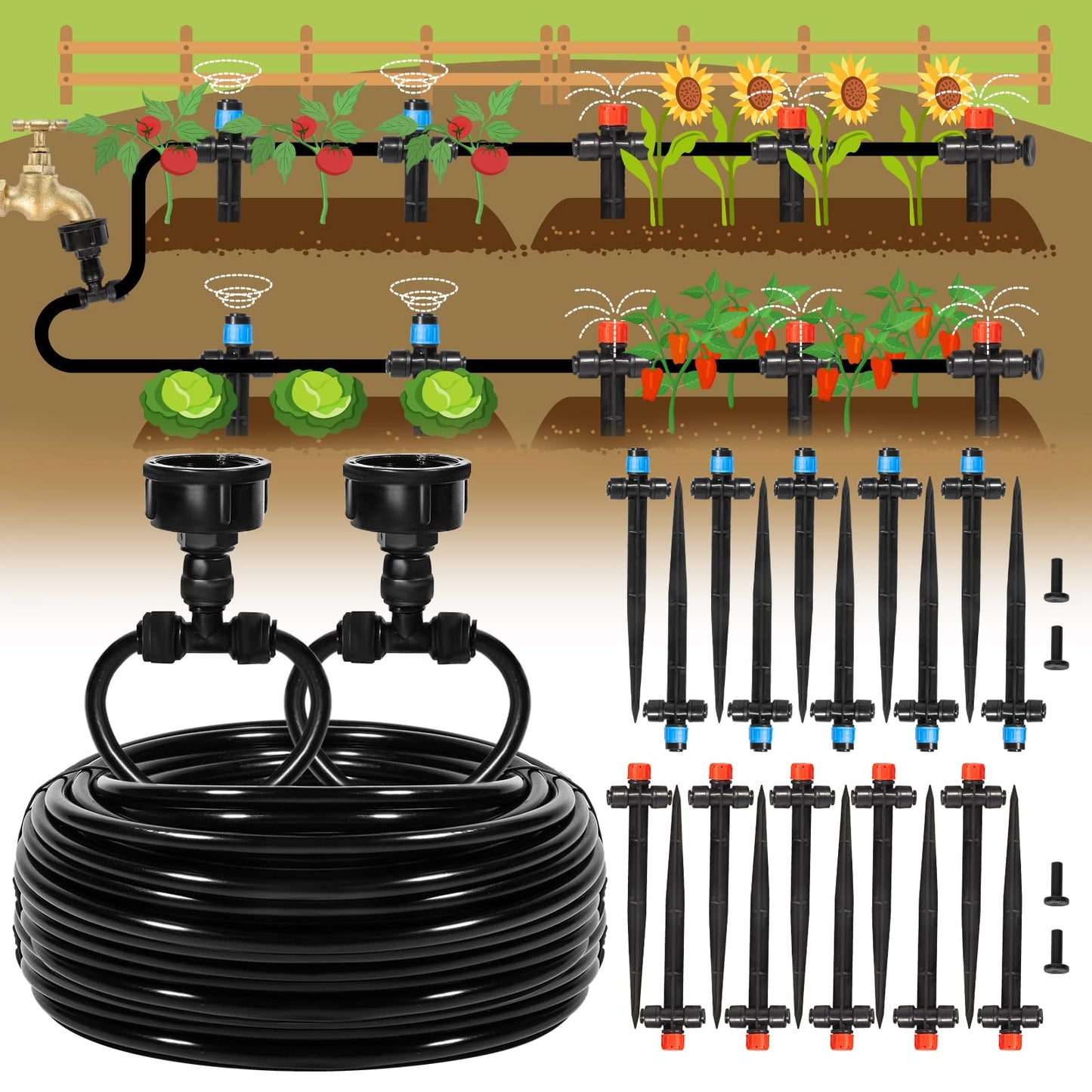 Eledom 110FT Quick-Connect Drip Irrigation Kit, Garden Watering System DIY Automatic Irrigation Equipment Set for Lawn Raised Bed Greenhouse Plant Watering with 1/4'' Tubing, Drip Emitters, Connectors