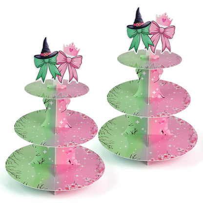 2 Pack Pink and Green Cupcake Stands Witch Themed Birthday Party Supplies,3 Tier Halloween Cardboard Cupcake Holder Tower for Wicked Party,Birthday, Baby Shower