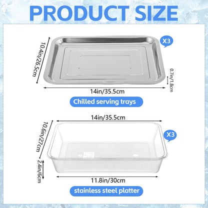 3 Set 14.2 Inch Chilled Serving Trays for Parties, Shrimp Cocktail Serving Dish with Compartments, Stainless Steel Ice Chilled Party Cooling Charcuterie Serving Board for Fruit Veggies Shrimp Cocktail