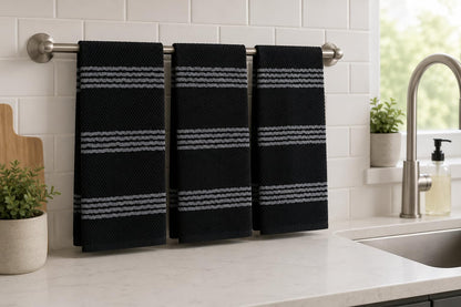 Serafina Home Black Kitchen Hand Dish Towels: Oversized 18" x 28",100% Cotton Soft Absorbent Dish Cloths for Cleaning Drying, Set of 3 Multipurpose for Everyday Use