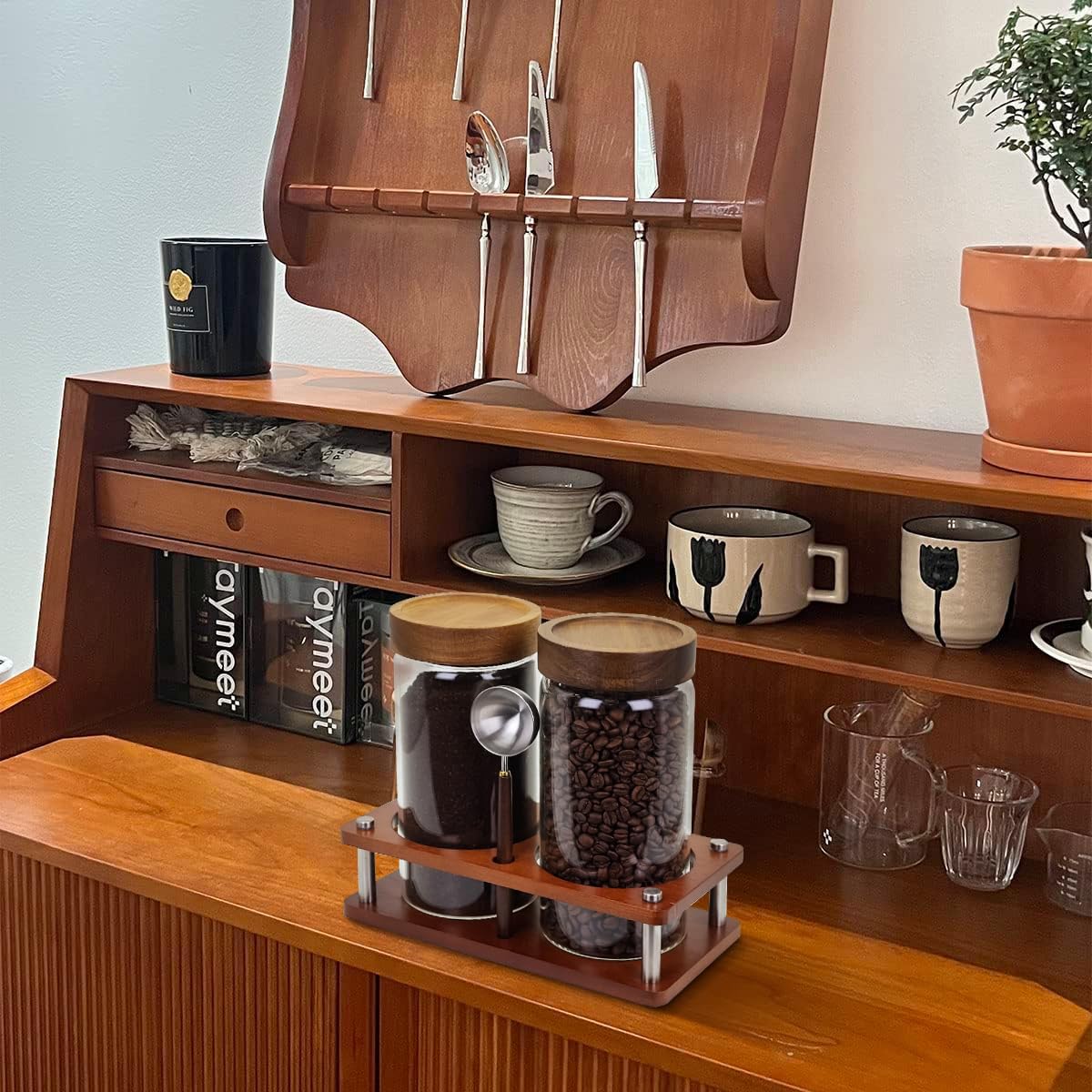 Venuekkuri Glass Coffee Grounds Container with Shelf, 2 × 45 oz Glass Coffee Canisters with Airtight Thread Lid, Storage Jars with Stainless Steel Spoon for Coffee Bean, Sugar,Nut