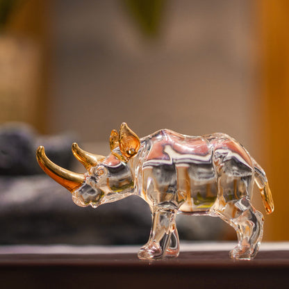 YU FENG 6'' Blown Glass Rhinoceros Animal Figurines Collectibles Crystal Art Rhino Wildlife Paperweight (Clear and Golden)