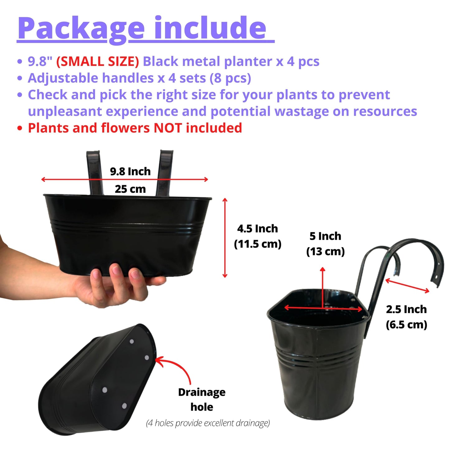 LaLaGreen Outdoor Rail Planter for Balcony (4 Pack, 9.8 Inch) Small and Cute Black Metal Iron Fence Hanging Flower Pots Deck Railings Buckets Boho Style Window Box Plant Holder Hooks Porch Decor