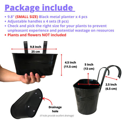 LaLaGreen Outdoor Rail Planter for Balcony (4 Pack, 9.8 Inch) Small and Cute Black Metal Iron Fence Hanging Flower Pots Deck Railings Buckets Boho Style Window Box Plant Holder Hooks Porch Decor