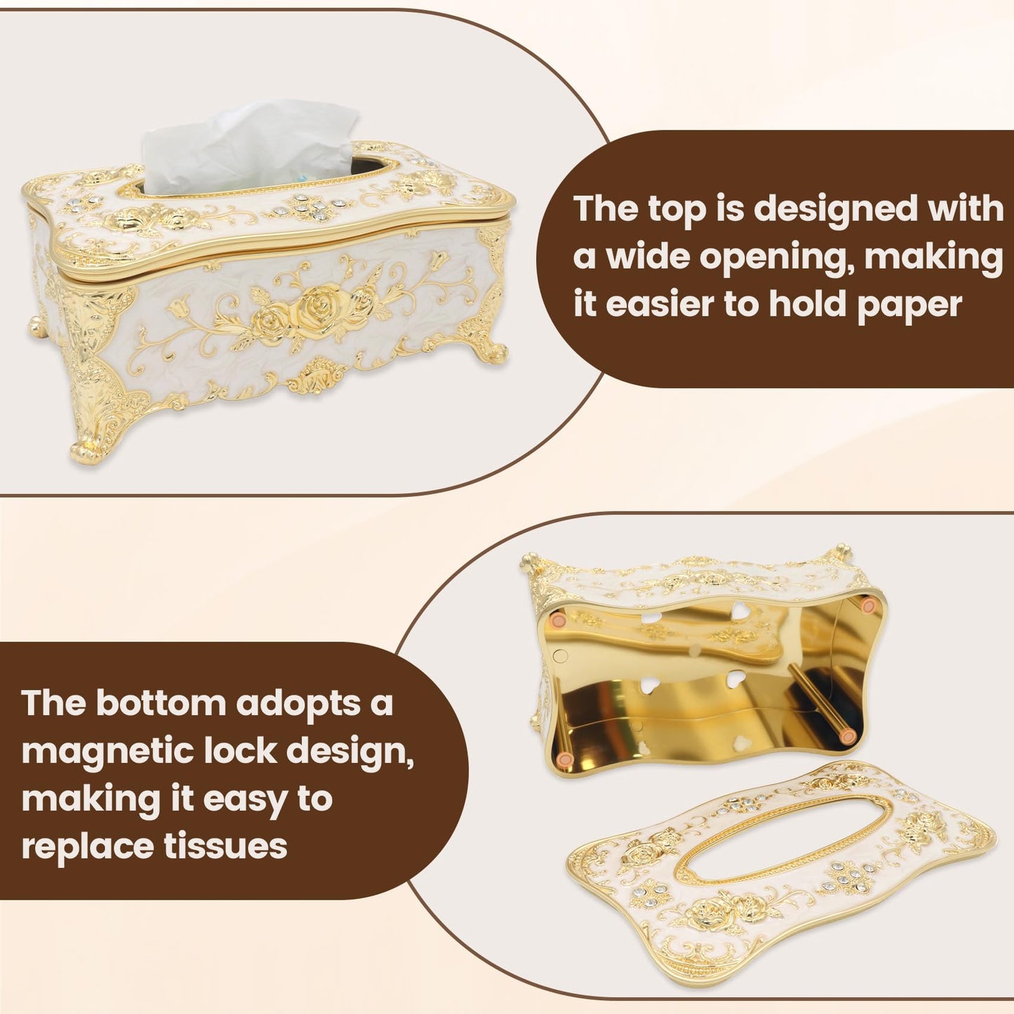 Geesatis Tissue Box Cover Tissue Box Holder Facial Tissue Paper Organizer Luxury Facial Napkin Holder for Home, Gold, 1 Pcs