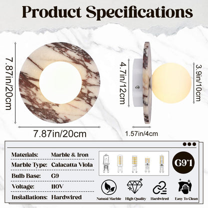 Calacatta Viola Marble Wall Sconce-Unique 7.8”Alabaster Sconce for Bedroom,Bathroom Vanity,Hallway & Yoga Room,Modern Hardwired Marble Style Stone Glass Wall Lamp for Meditation,Reading & Spa Decor