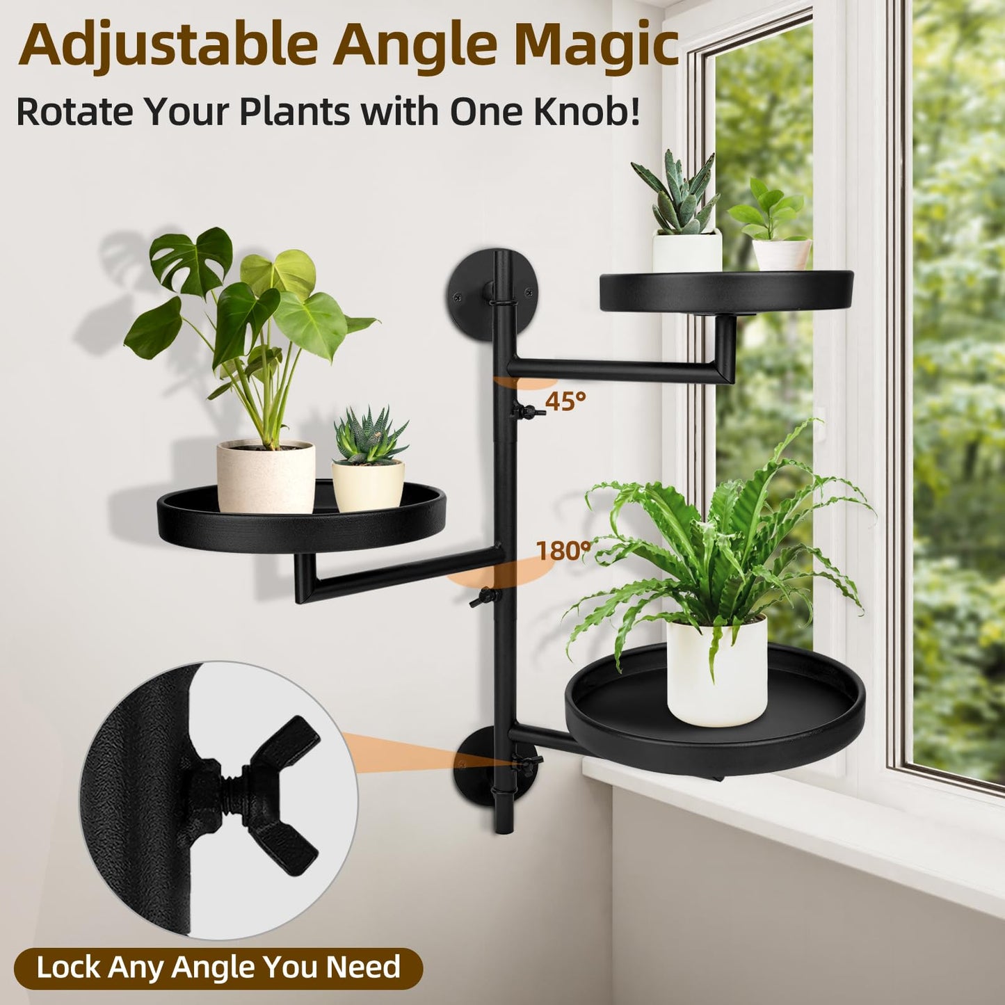 FAMIFAVOR Rotating Window Plant Shelves with Adjustable Knobs, 3 Tiers Metal Wall Shelf for Plants Indoor, Sturdy Hanging Plant Holder, Window Wall Decor & Gardening Gifts (Black)