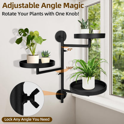 FAMIFAVOR Rotating Window Plant Shelves with Adjustable Knobs, 3 Tiers Metal Wall Shelf for Plants Indoor, Sturdy Hanging Plant Holder, Window Wall Decor & Gardening Gifts (Black)