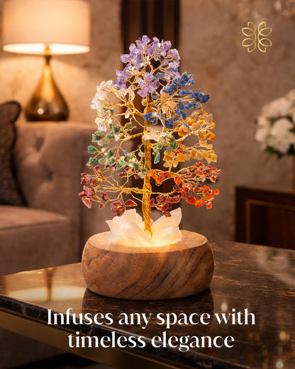 Zentiti 7 Chakra Crystal Tree of Life with LED Light, Handcrafted Gemstone Bonsai with Quartz Crystal Base & Acacia Wood Stand, Spiritual Home & Office Décor, Gift for Women,