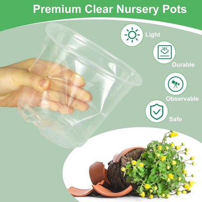 SLMKHHU 45 Pack 7/8/10 Inch Clear Nursery Pots with Drainage Holes,Higher Large Gallon Clear Plastic Pots for Plants,Plant Seedling Pot for Indoor & Outdoor Gardening