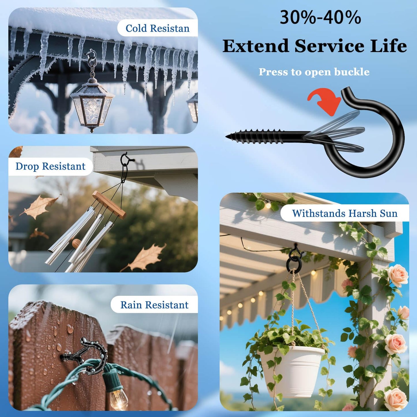 KULOLO 24 Pack Black Screw Hooks with Safety Buckle - 2.3 Inch Rustproof Eye Ceiling Hooks for Hanging Plants,Outdoor String Lights,Baskets,Christmas Lights & Decor,40lb Capacity (24, Black)