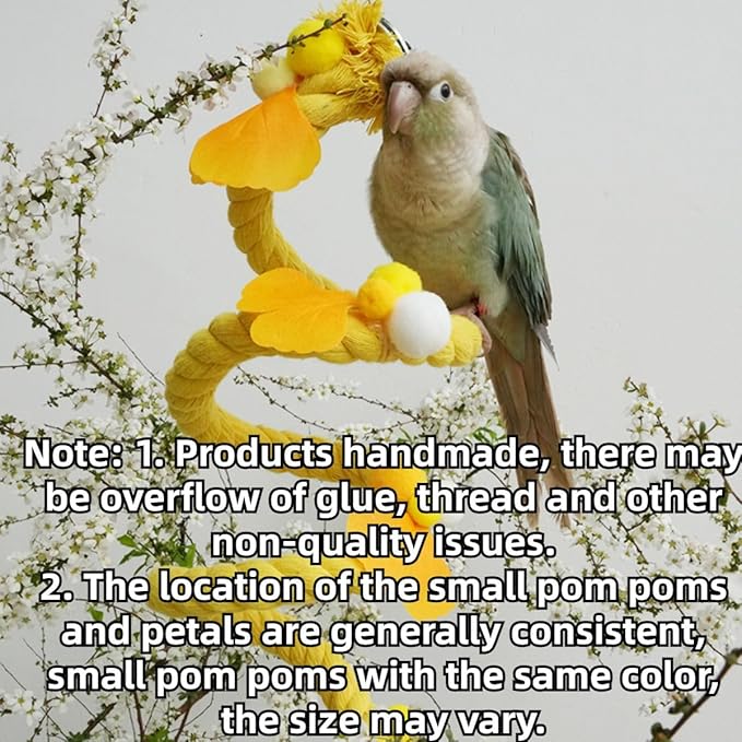 Bird Toys, Rope Perch for Parrots, 39.3 Inches Long, Brightly Colored Handmade Chew Toy, Spiral Design Bird Cage Climbing Rope for Lovebird Conure Quaker Budgie Cockatiel (Yellow)