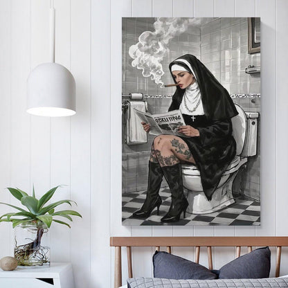 JHXNJDPOST Nun Smoking in Bathroom with Newspaper Poster Black And White Canvas Wall Art Aesthetic Decorative Painting Living Room Restaurants, Pool Halls And Hotelsstyle-6 12x18inch(30x45cm)