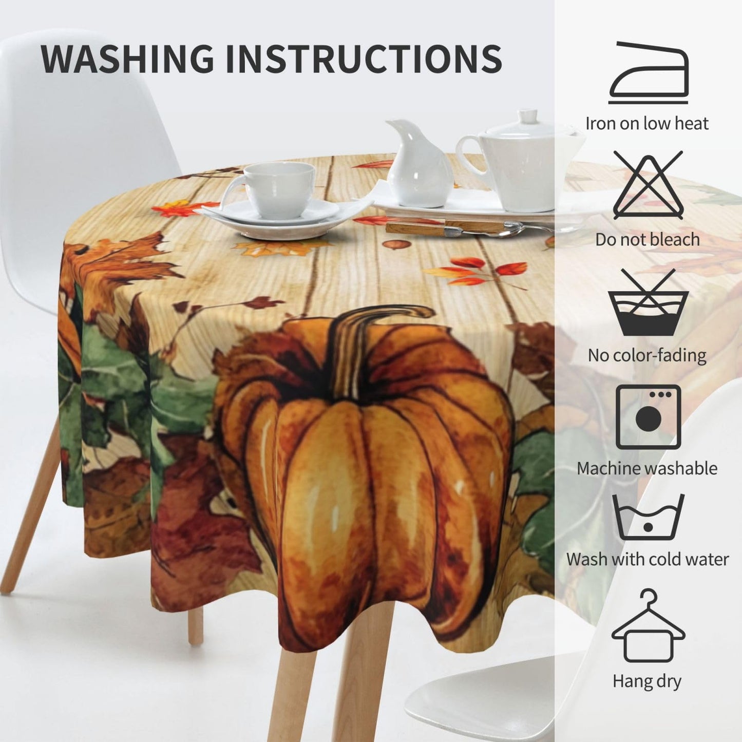 mutakin Fall Pumpkin Maple Leaf Round Tablecloth 60 Inch Washable Reusable Decoration Table Cover for Kitchen Party