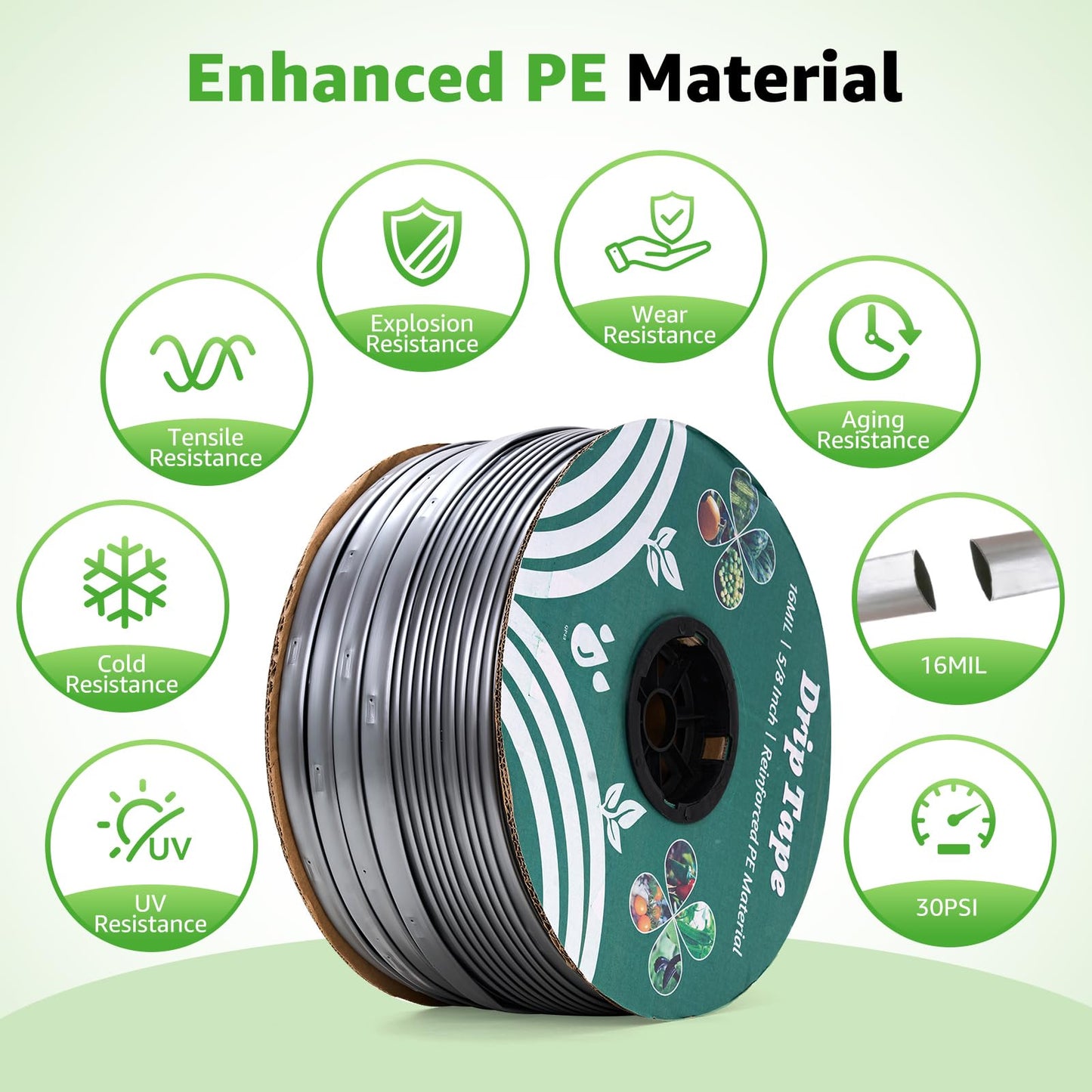 2000FT 5/8" Drip Tape Irrigation, 16 Mil Heavy Duty with 6" Emitter Spacing, Silver Reflective Drip Tape Resistant to Pecking & Biting, Heat-Safe for Seedlings, Ideal for Garden Farm Greenhouse Patio