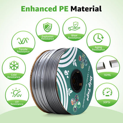 2000FT 5/8" Drip Tape Irrigation, 16 Mil Heavy Duty with 6" Emitter Spacing, Silver Reflective Drip Tape Resistant to Pecking & Biting, Heat-Safe for Seedlings, Ideal for Garden Farm Greenhouse Patio